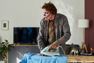 Clueless Zombie Ironing Shirt In Morning