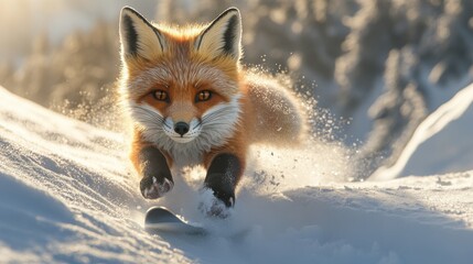 Snowy fox gracefully gliding down a winter slope in a sunlit forest with sparkling snowflakes dancing in the air