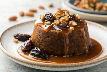 Dessert Pastries & Pies, A moist dessert topped with rich caramel sauce, nuts, and dried fruit, served on a plate, perfect for indulgence.