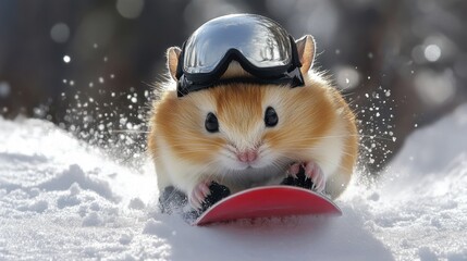Snowy adventure of a little hamster wearing a helmet while sledding down a snowy hill