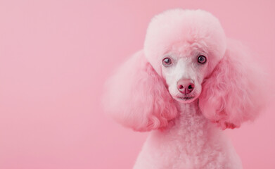 A stylish pink poodle with a unique fluffy haircut poses elegantly against a pastel pink background, creating a fashionable and surreal look.