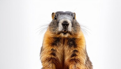 Alert YellowBellied Marmot in Striking Portrait Against a Pristine White Backdrop, Emanating a Sense of Vigilance and Boldness.