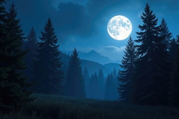 Towering evergreens illuminated from within, backlit by a full moon, lunar, glowing, mysterious