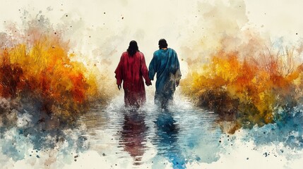 baptism of jesus jesus christ in the river with john the baptist digital watercolor painting