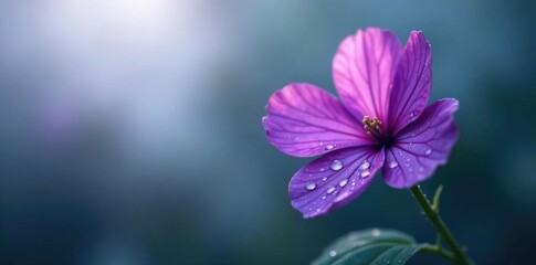 Fototapeta premium Thick fog wraps around a majestic purple flower, dew, water droplets, intense fog