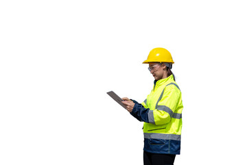 Engineers wearing safety gear, including hard hats examining survey standing industrial facility engaged in a job requires high safety standards concept with PNG white background.	