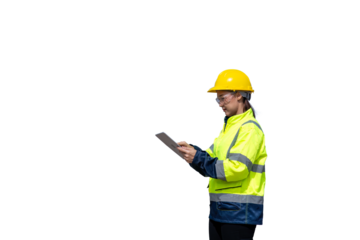 Engineers wearing safety gear, including hard hats examining survey standing industrial facility engaged in a job requires high safety standards concept with PNG white background.	