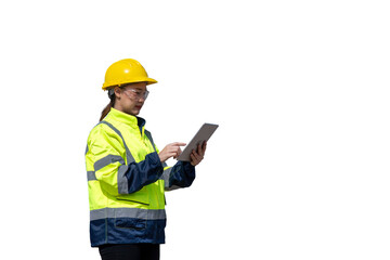 Engineers wearing safety gear, including hard hats examining survey standing industrial facility engaged in a job requires high safety standards concept with PNG white background.	
