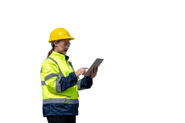 Engineers wearing safety gear, including hard hats examining survey standing industrial facility engaged in a job requires high safety standards concept with PNG white background.	