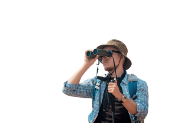 Hikers or explorers on journey carrying backpack, trekking poles and holding binoculars looks into the distance observing and possibly guide trekking and trail exploration holiday ecotourism concept	
