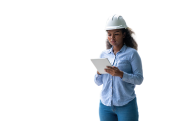 Engineers wearing safety gear, including hard hats examining survey standing industrial facility engaged in a job requires high safety standards concept with PNG white background.	