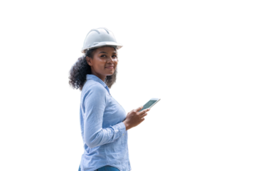 Engineers wearing safety gear, including hard hats examining survey standing industrial facility engaged in a job requires high safety standards concept with PNG white background.	
