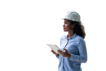 Engineers wearing safety gear, including hard hats examining survey standing industrial facility engaged in a job requires high safety standards concept with PNG white background.	