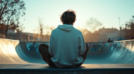 Fototapeta premium Skater enjoys tranquil sunset moment at the park's halfpipe
