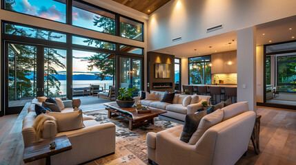 Cozy modern living room with a sleek sofa, elegant coffee table, and tasteful wall decorations