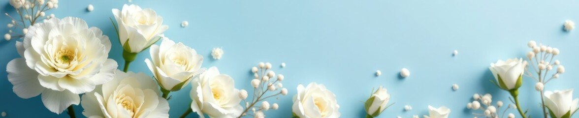 Fototapeta premium Delicate white carnations and roses in a snow-like soft sphere arrangement on light blue backdrop, botanical, roses, winter