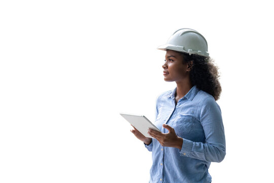 Engineers wearing safety gear, including hard hats examining survey standing industrial facility engaged in a job requires high safety standards concept with PNG white background.	
