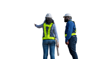 Engineers wearing safety gear, including hard hats examining survey standing industrial facility engaged in a job requires high safety standards concept with PNG white background.	