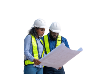 Engineers wearing safety gear, including hard hats examining survey standing industrial facility engaged in a job requires high safety standards concept with PNG white background.	
