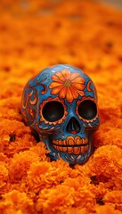 A vibrant, hand-painted sugar skull rests amidst a bed of bright orange marigolds, a colorful symbol of Day of the Dead.