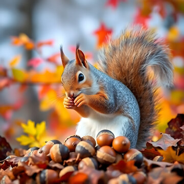 A squirrel collecting acorns with colorful fall foliage in the background