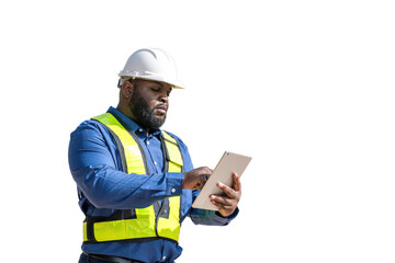 Engineers wearing safety gear, including hard hats examining survey standing industrial facility engaged in a job requires high safety standards concept with PNG white background.	