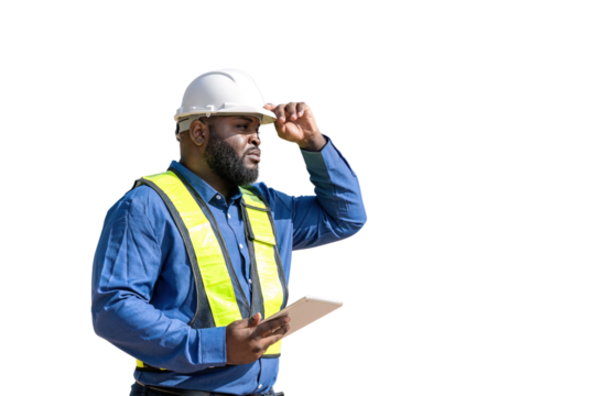 Engineers wearing safety gear, including hard hats examining survey standing industrial facility engaged in a job requires high safety standards concept with PNG white background.	