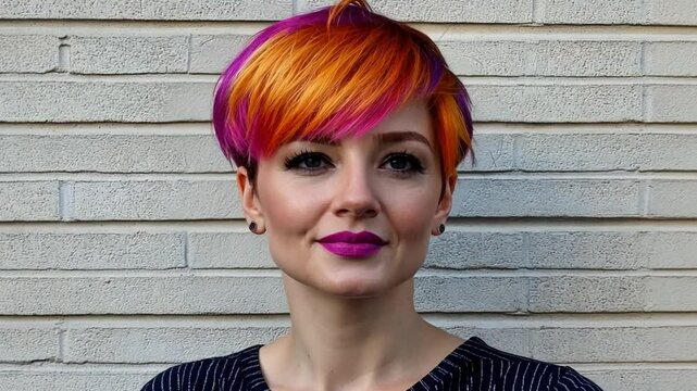 Fiery Pixie: A vibrant woman with a bold, short pixie haircut featuring a striking blend of orange and magenta.  Her confident expression and makeup complete the look. 