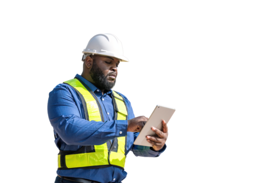 Engineers wearing safety gear, including hard hats examining survey standing industrial facility engaged in a job requires high safety standards concept with PNG white background.	