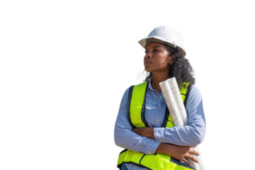 Engineers wearing safety gear, including hard hats examining survey standing industrial facility engaged in a job requires high safety standards concept with PNG white background.	