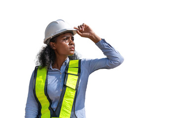 Engineers wearing safety gear, including hard hats examining survey standing industrial facility engaged in a job requires high safety standards concept with PNG white background.	