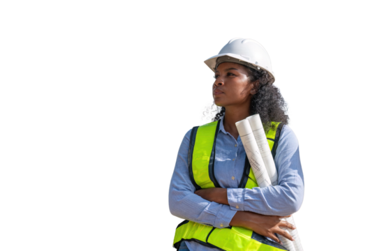 Engineers wearing safety gear, including hard hats examining survey standing industrial facility engaged in a job requires high safety standards concept with PNG white background.	