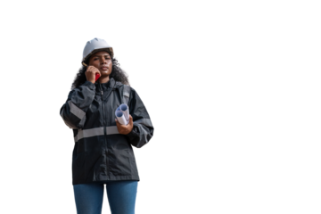 Engineers wearing safety gear, including hard hats examining survey standing industrial facility engaged in a job requires high safety standards concept with PNG white background.	