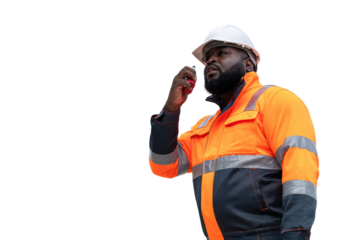 Engineers wearing safety gear, including hard hats examining survey standing industrial facility engaged in a job requires high safety standards concept with PNG white background.	