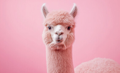 Obraz premium A fluffy alpaca with soft pink fur looks curiously at the camera against a pastel pink background, creating a whimsical and surreal effect.