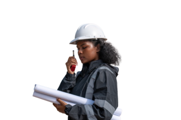 Engineers wearing safety gear, including hard hats examining survey standing industrial facility engaged in a job requires high safety standards concept with PNG white background.	