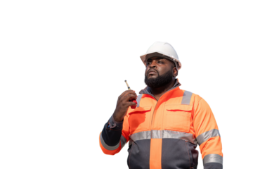 Engineers wearing safety gear, including hard hats examining survey standing industrial facility engaged in a job requires high safety standards concept with PNG white background.	