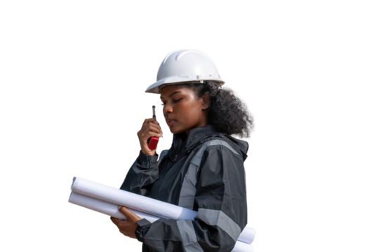 Engineers wearing safety gear, including hard hats examining survey standing industrial facility engaged in a job requires high safety standards concept with PNG white background.	