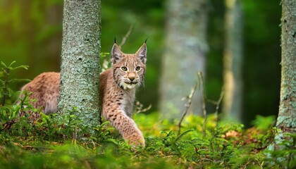 Fototapeta premium Young Lynx Frolics in a Vibrant Green Forest, Basking in the Soft Light of Dusk, Amidst the Rich Textures and Hues of Natures Palette.