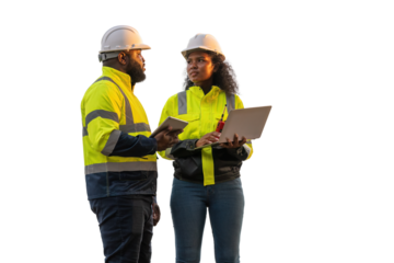 Engineers wearing safety gear, including hard hats examining survey standing industrial facility engaged in a job requires high safety standards concept with PNG white background.	