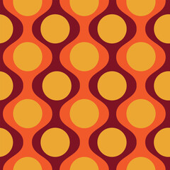 Mid century mustard yellow circles on vintage  orange ogee seamless pattern on red background.