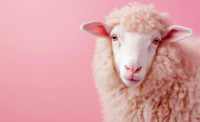 Fototapeta premium A fluffy white sheep with a pink nose gazes calmly against a pastel pink background, creating a soft and dreamy atmosphere.