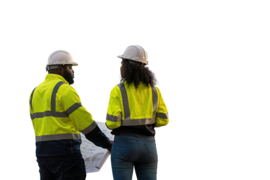 Engineers wearing safety gear, including hard hats examining survey standing industrial facility engaged in a job requires high safety standards concept with PNG white background.	