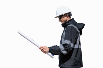 Engineers wearing safety gear, including hard hats examining survey standing industrial facility engaged in a job requires high safety standards concept with PNG white background.	