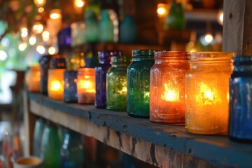 Colorful Glass Jars Lit with Candles on a Shelving Display
