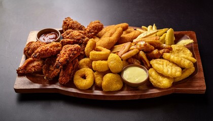 Fototapeta premium Generated image Delicious assorted fried snacks platter with plantains and crispy chicken variety for parties