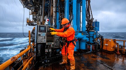 Dedicated Offshore Oil Field Worker Fully Outfitted in Orange PPE and Safety Harness Adjusting Control Panels Within the Drilling Area While Rain and Ocean Waves Create a Dramatic Background