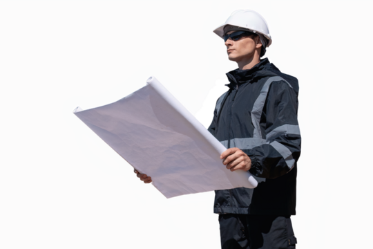 Engineers wearing safety gear, including hard hats examining survey standing industrial facility engaged in a job requires high safety standards concept with PNG white background.	