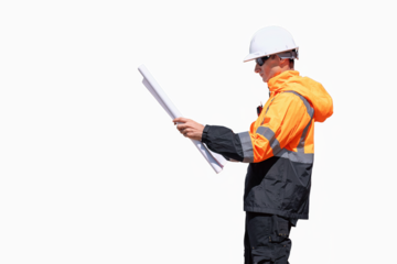 Engineers wearing safety gear, including hard hats examining survey standing industrial facility engaged in a job requires high safety standards concept with PNG white background.	