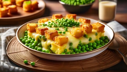 Generated image Delicious cheesy tater tot casserole with green peas, freshly baked, served in a warm